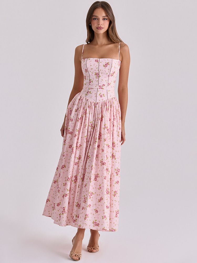Mozision Summer Women Floral Print Sexy Maxi Dress Women Elegant Square Neck Spaghetti Strap Sleeveless Backless Club Long Dress_ecoleips.com