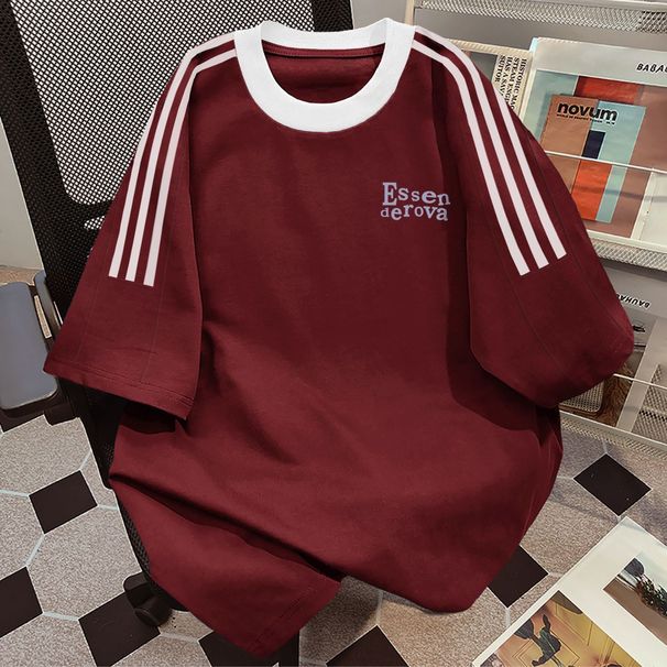 Unisex American Retro 3-Stripe Short Sleeve T-shirt 100% Cotton Loose Crew Neck Mid Length Summer Casual Tee_ecoleips.com