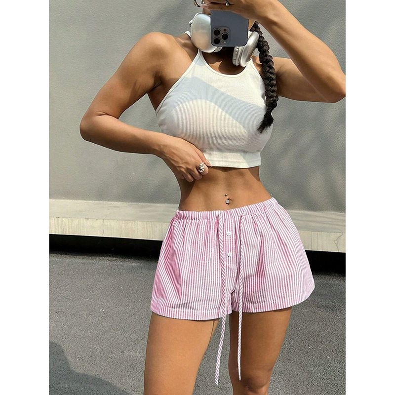 Women's Clothing Niche Striped Design Elastic Lace Casual Shorts For Women Loose Slim All Match Shorts_ecoleips.com