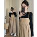 Autumn New Korean Fashion Knitted Top + Khaki Vest Dress Two-Piece Set For Pregnant Women_ecoleips.com