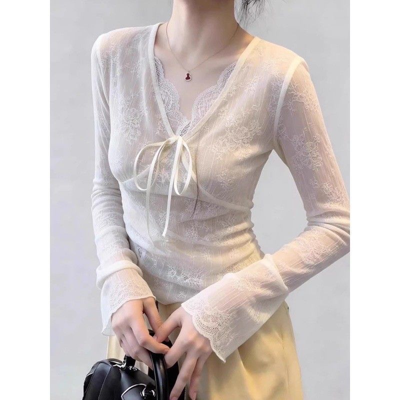 French-style Lace-up Bow V-neck Long-sleeve Women's T-shirt, 2026 Summer New Slim-fit Exquisite Lace Top_ecoleips.com