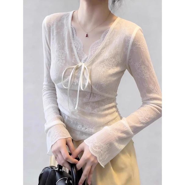 French-style Lace-up Bow V-neck Long-sleeve Women's T-shirt, 2026 Summer New Slim-fit Exquisite Lace Top_ecoleips.com