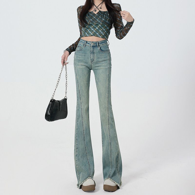 Vintage American High-Waisted Nano Gray Flared Jeans For Women 2025 Spring Stretch Slimming Bootcut Floor-Length Pants_ecoleips.com