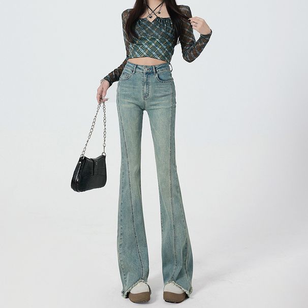 Vintage American High-Waisted Nano Gray Flared Jeans For Women 2025 Spring Stretch Slimming Bootcut Floor-Length Pants_ecoleips.com