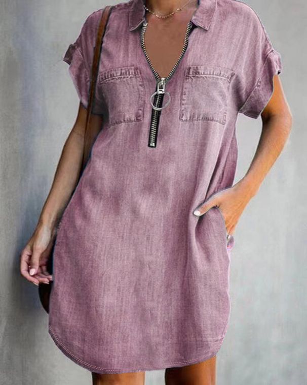 Womens Summer New Fashion Short Sleeve Turn Down Collar Zipper Dress Digital Print Denim Dress Above Knee Mini Skirts_ecoleips.com