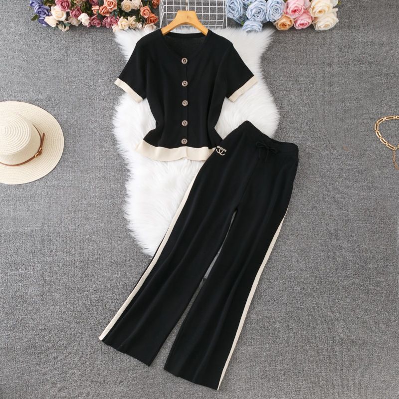 Fashionable And Stylish Sports Contrast Color Short Sleeved Knitted Jacket Top + Wide Leg Pants Two Piece Temperament Women's Suit_ecoleips.com