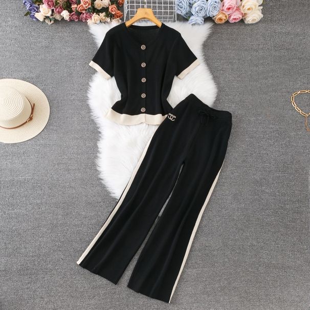 Fashionable And Stylish Sports Contrast Color Short Sleeved Knitted Jacket Top + Wide Leg Pants Two Piece Temperament Women's Suit_ecoleips.com