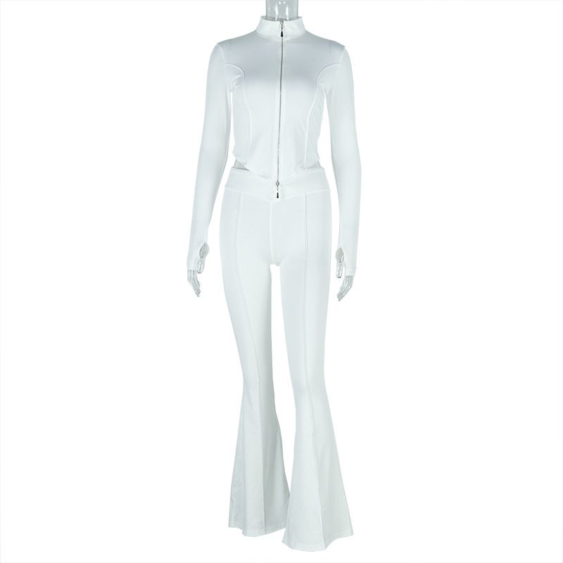 Stretch Zip Detail Ribbed Crop Top & Lounge Pant Set - Comfort Streetwear For Women (White/Black, S/M/L)_ecoleips.com