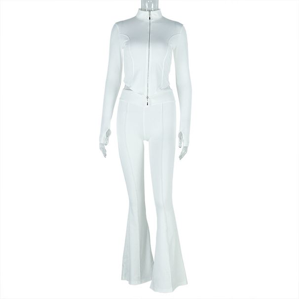 Stretch Zip Detail Ribbed Crop Top & Lounge Pant Set - Comfort Streetwear For Women (White/Black, S/M/L)_ecoleips.com