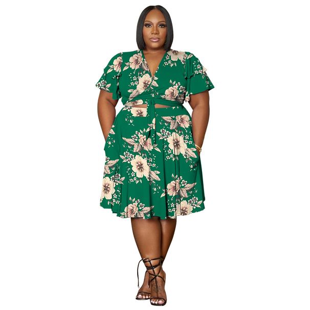 Women's Plus Size Skirt Set V Neck Short Skirt With Pockets Ruffled Sleeves Tie American Style Spring/Autumn Summer_ecoleips.com