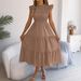 Real Shot Of 2026 Spring/Summer European And American Solid Color Ruffled Sleeve Cinched Waist Long Dress_ecoleips.com