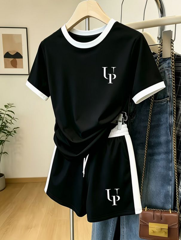 Women's Summer Casual Color Block T-Shirt And Shorts Set Neckline Short Sleeve Fashionable Versatile Print 8010_ecoleips.com