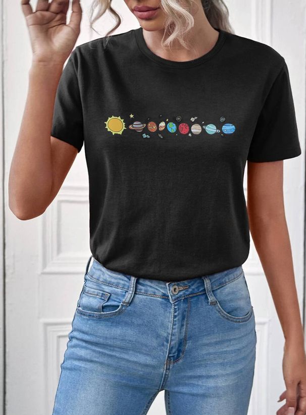 Women's Casual Black T-Shirt round Neck Short Sleeve Planet Print European American Style Simple Sportswear Top for Summer_ecoleips.com