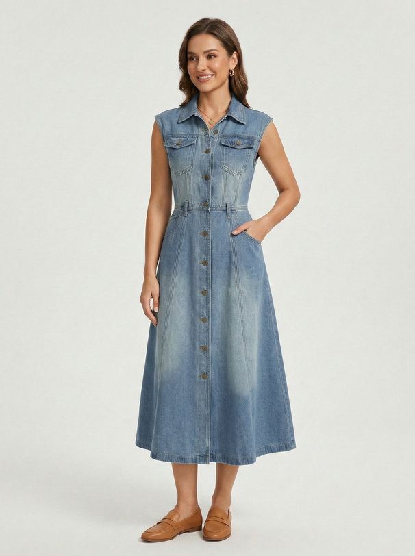 Chic Washable Denim Maxi Dress For Teens, Sleeveless Shirtdress With High Waist And Off-Shoulder Design For Casual Outings_ecoleips.com