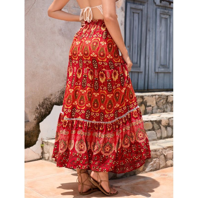 European And American Vintage Print Bohemian Resort-style High-waisted Beach Skirt, Large Hem, Mid-length Cotton Silk_ecoleips.com