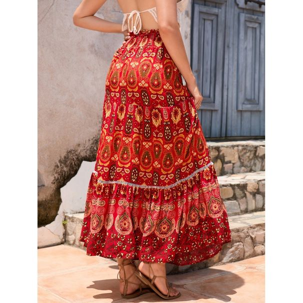 European And American Vintage Print Bohemian Resort-style High-waisted Beach Skirt, Large Hem, Mid-length Cotton Silk_ecoleips.com