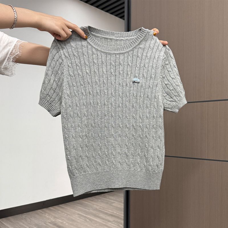 Women's Slim Fit Short Sleeve T-Shirt Apricot round Neck Cable Knit Embroidered Top Summer New Style Design 2025_ecoleips.com