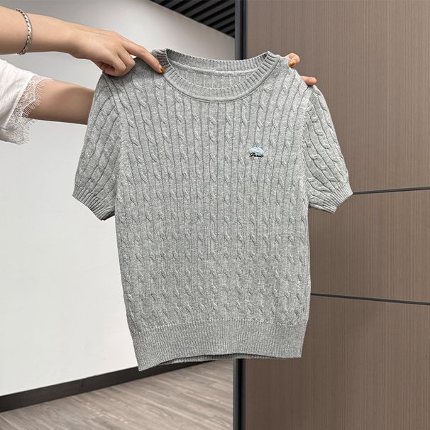 Women's Slim Fit Short Sleeve T-Shirt Apricot round Neck Cable Knit Embroidered Top Summer New Style Design 2025_ecoleips.com