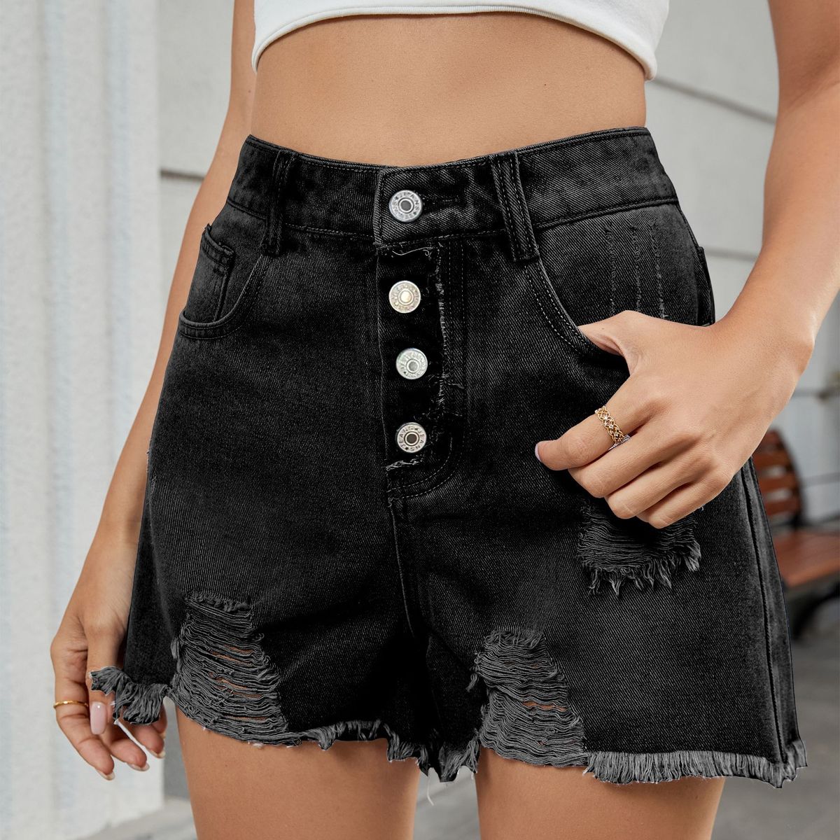 Women's Clothing Slim One Row Button Denim Ripped Shorts Hot Pants Women_ecoleips.com