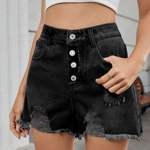 Women's Clothing Slim One Row Button Denim Ripped Shorts Hot Pants Women_ecoleips.com