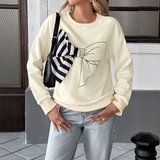 "Bow-Knot Sweatshirt – Cream Ribbed Polyester Comfort (S-XL) | Korean Relaxed Fit With 3D Accents"_ecoleips.com