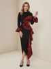 Freeacy Women's Black Red Ruffled Dress High Neck Long Sleeves High Waist Slim Fit Midi Dress Female Elegant Evening Dresses_ecoleips.com