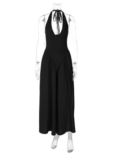 Women's Sexy Deep V Halter Backless Solid Color Ruched Resort Maxi Dress – Party Gown_ecoleips.com