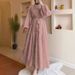 Elegant Jacquard Maxi Dress For Muslim Women High Neck, Long Sleeve, Flowy A-Line Silhouette With Belt – Modest Office & Evening Wear_ecoleips.com