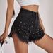 2024 Spring/Summer Amazon New European And American Women's Fashion Sexy Beaded Ultra-Short High-Waisted Raw Edge Denim_ecoleips.com