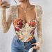 French Retro Fishbone Cross Square Neck Top For Women Long Sleeve Printed Lace Patchwork Sexy Innerwear Hot Girl_ecoleips.com