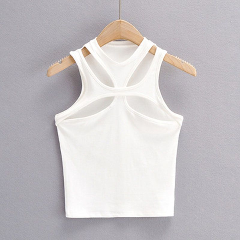 Girls New Asymmetrical Hollow Solid Color Knitted Round Neck Short-sleeved Summer Sexy Vest On The Chest_ecoleips.com