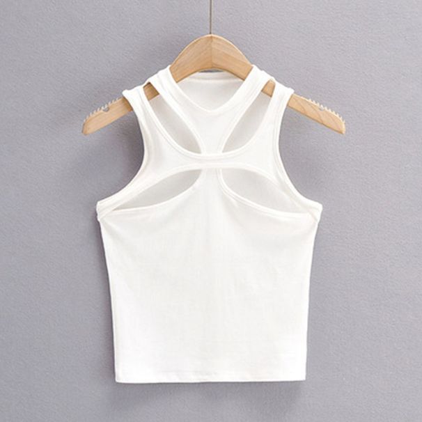 Girls New Asymmetrical Hollow Solid Color Knitted Round Neck Short-sleeved Summer Sexy Vest On The Chest_ecoleips.com