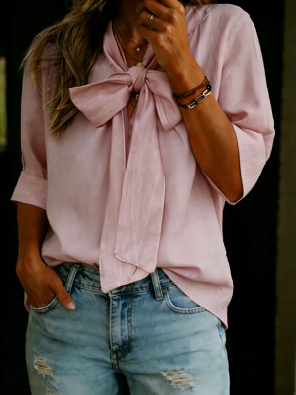 2026 European And American Cross-Border Trade New Casual Fashion V-Neck Bow Loose Mid-Sleeve Women's Top_ecoleips.com
