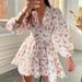 Women's Clothing Elegant Sweet Printed V Neck Pleated Short Long Sleeved Spring Dress_ecoleips.com