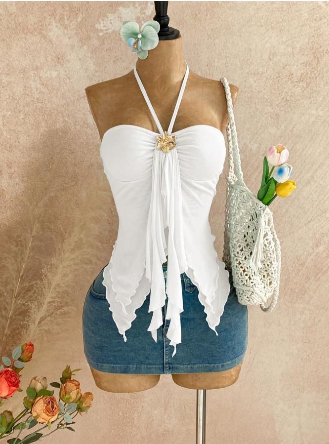 Women's Clothing Women's Halter Neck Tank Top Mesh Irregular Hem Metallic Decoration Style For Formal & Casual For Women_ecoleips.com