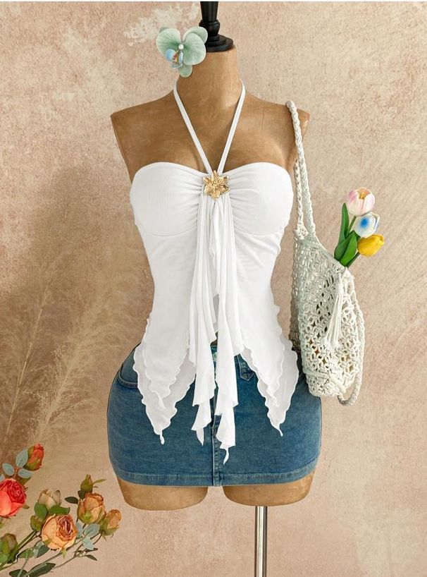 Women's Clothing Women's Halter Neck Tank Top Mesh Irregular Hem Metallic Decoration Style For Formal & Casual For Women_ecoleips.com