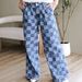 Women's Trendy Plaid Print Jeans, Autumn New Style, High Waist, Loose Fit, Wide Leg Pants_ecoleips.com