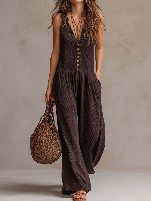 Women's V Neck Sleeveless Wide Leg Jumpsuit Casual Loose Knitted Trousers European American Style Fashionable Versatile_ecoleips.com