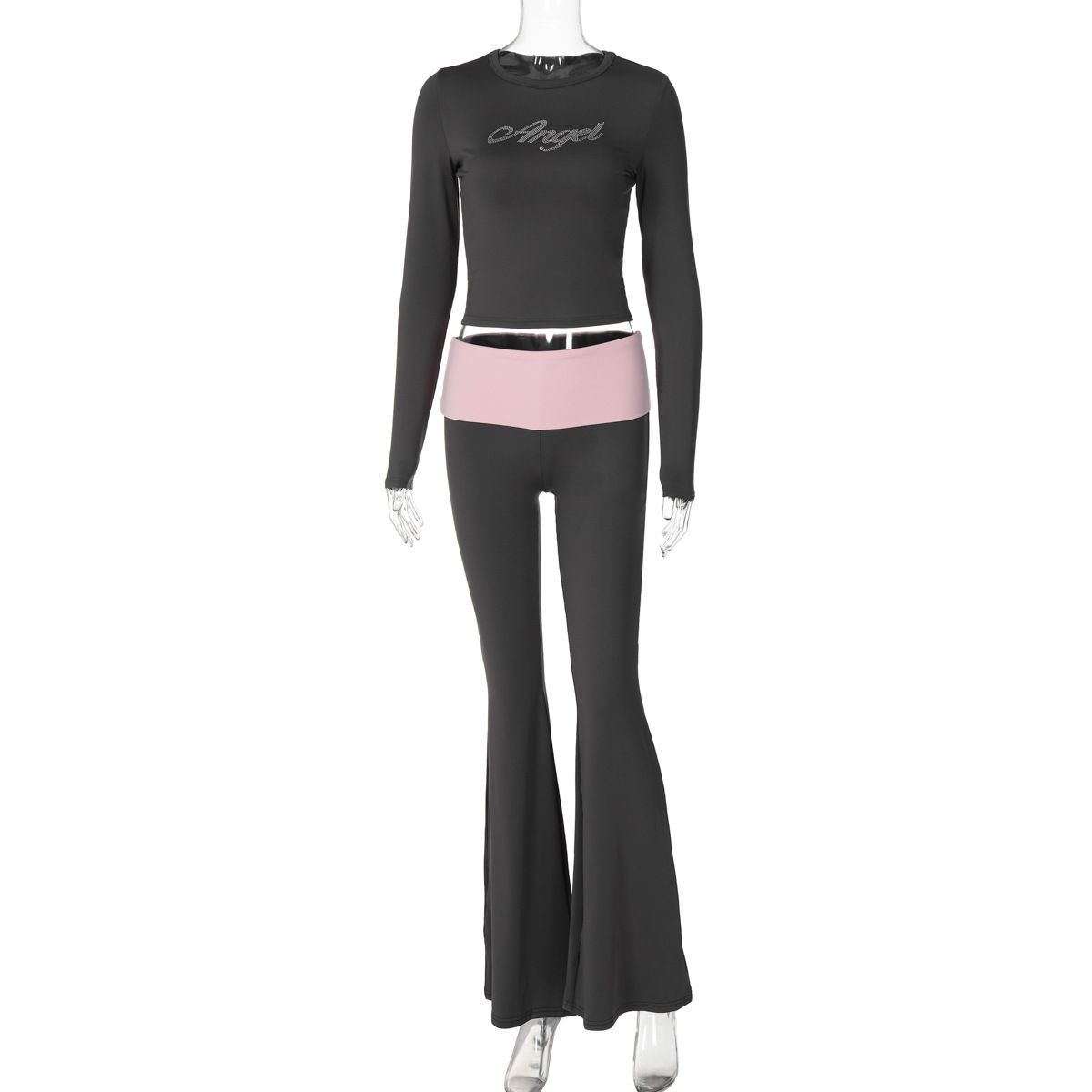 Women's European American Style Color Block Pant Set Spring 2025 round Neck Long Sleeve Top with Flared Pants mid Waist Fashion with Fix Rhinestones_ecoleips.com