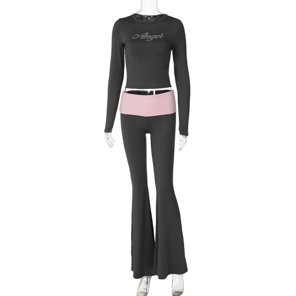 Women's European American Style Color Block Pant Set Spring 2025 round Neck Long Sleeve Top with Flared Pants mid Waist Fashion with Fix Rhinestones_ecoleips.com