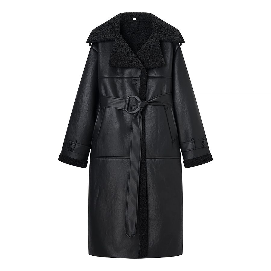 Women's Longline Faux Leather Belted Coat – Elegant Oversized Pu Trench With Fur-Lined Collar (Black, Sizes S-L)_ecoleips.com