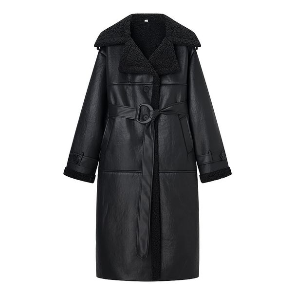 Women's Longline Faux Leather Belted Coat – Elegant Oversized Pu Trench With Fur-Lined Collar (Black, Sizes S-L)_ecoleips.com