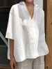 Women's Plus Size Loose Fit V Neck Cotton Linen 3/4 Sleeve Solid Color Blouse – Casual Summer Top 2026_ecoleips.com