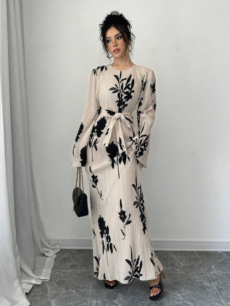 Women's Clothing Women's Autumn and Winter Elegant Pleated Fabric Trumpet Long Sleeve Dress_ecoleips.com