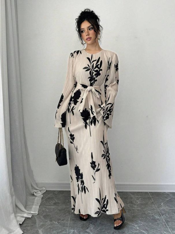 Women's Clothing Women's Autumn and Winter Elegant Pleated Fabric Trumpet Long Sleeve Dress_ecoleips.com