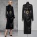 Elegant High-Neck Belted Midi Dress With Metallic Accents - A-Line Vintage-Inspired Formal Dress For Women (Black, Dark Brown)_ecoleips.com