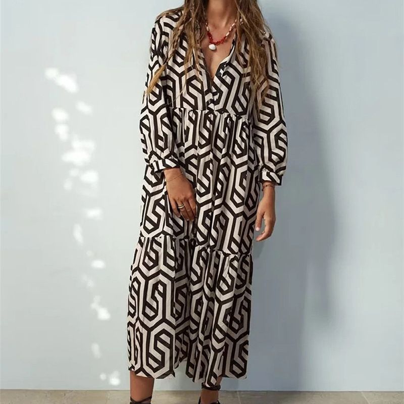 Modest Abaya Dress/Muslim Dress Women Bohemian Geometric Print Button-Down Maxi Dress – Vintage-Inspired Loose Fit Long Sleeve Dress_ecoleips.com