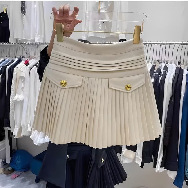 Women's High-Waisted A-Line Mini Skirt White Elegant Woolen Pleated Midi Skirt Trendy Spring Autumn New Style_ecoleips.com