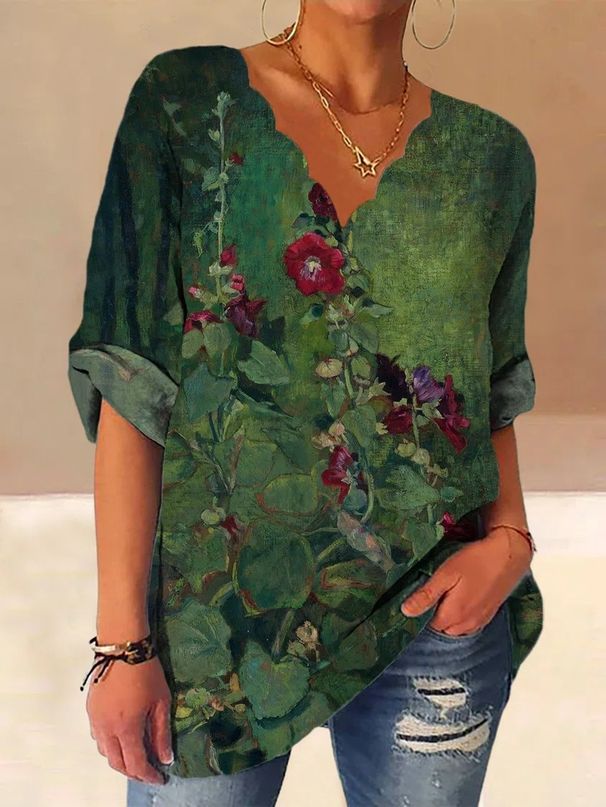 Verve 2025 Autumn Wave Collar Cotton Linen Printed Long Sleeve Shirt Women's Fashion_ecoleips.com