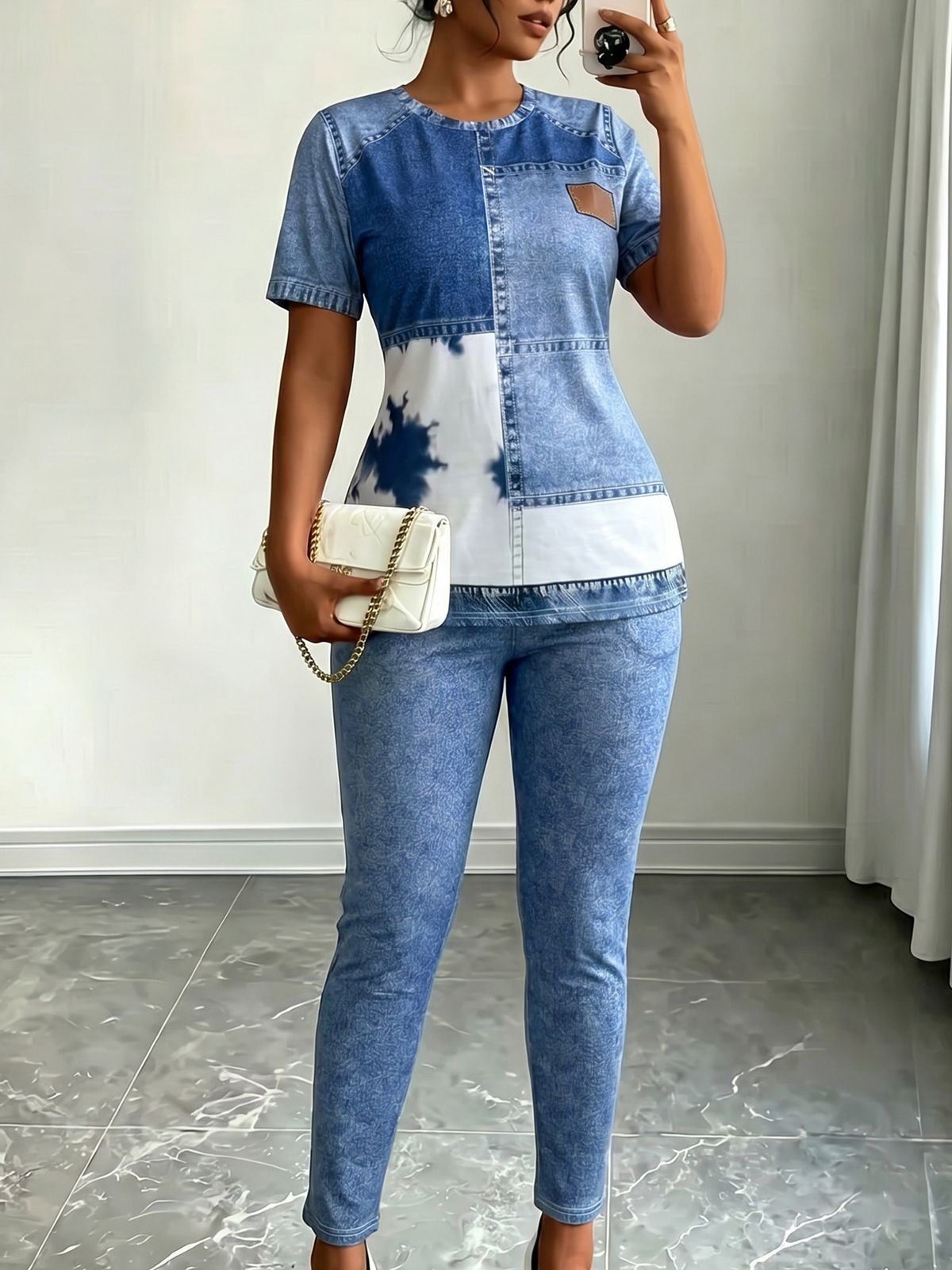 Women's Summer Two Piece Set Faux Denim Print Patchwork round Neck Short Sleeve Tie Dye Top Slim Fit Skinny Pants_ecoleips.com